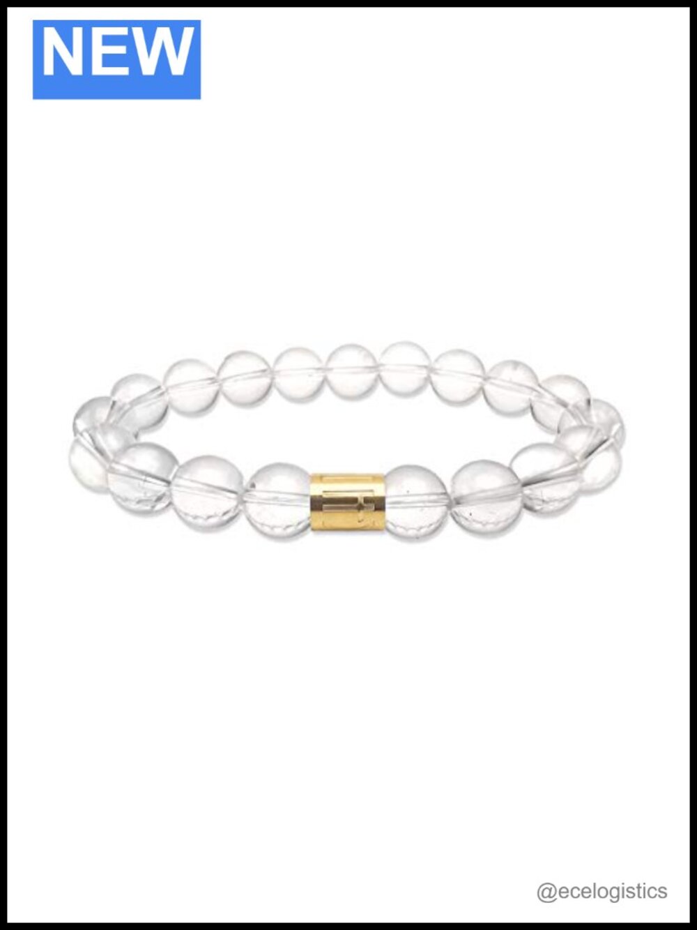 Natural Clear Quartz Beaded Stretch Bracelet Gold Plated Stainless Steel 10mm 8